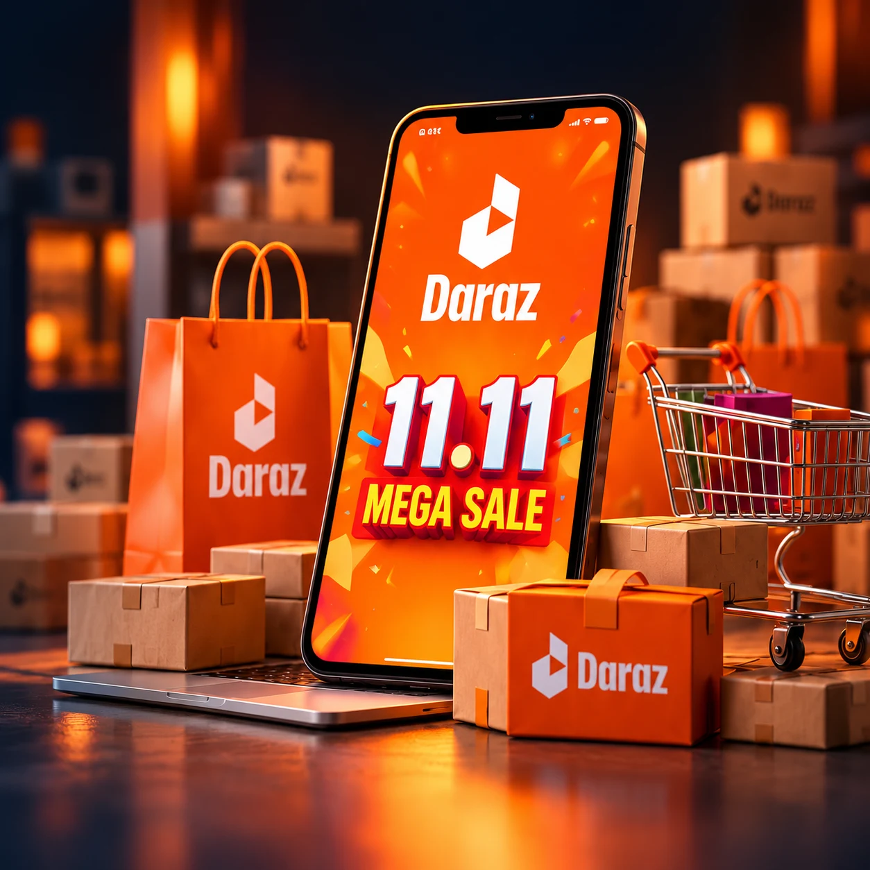Daraz 11.11 Mega Sale campaign with smartphone, orange shopping bags and parcels